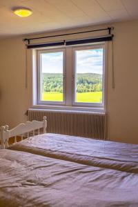 ein Schlafzimmer mit einem großen Bett und zwei Fenstern in der Unterkunft 3-bedroom condo with indoor fireplace in Nyland