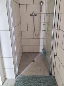 La salle de bains est pourvue d'une douche et de carrelage. dans l'établissement Gites à Moussan ,Domaine de la barque à 5 mins de Narbonne, à Moussan