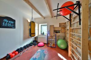una habitación con gimnasio con pelotas y pesas en Penzion Kairos, en Klokočí