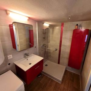 ein Bad mit einem roten Waschbecken und einer Dusche in der Unterkunft Le jardin de ville in Grenoble