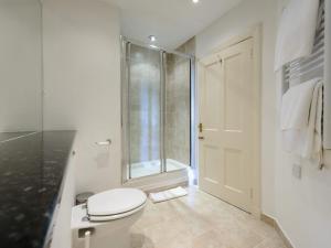 a white bathroom with a toilet and a shower at Green Craig in Aberlady