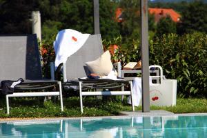 un par de sillas de jardín sentadas junto a una piscina en Hotel BEI SCHUMANN, en Kirschau