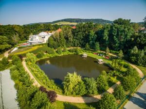 una vista aérea de un estanque con casas y árboles en Hotel BEI SCHUMANN, en Kirschau