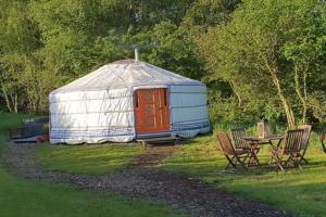 een yurt met een tafel en stoelen in een veld bij Gilfach Gower Farm Luxury Yurt with Hot Tub in Ammanford
