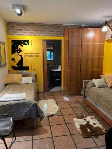 una sala de estar con 2 camas y un perro tirado en el suelo en Departamento Barrio Gamma en Neuquén