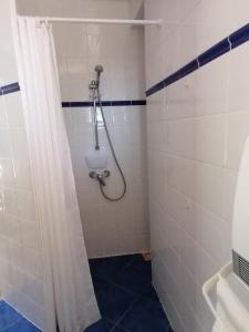 a bathroom with a shower with a toilet and a shower curtain at Gîte Les Romarins in Saint-Jean-de-Minervois