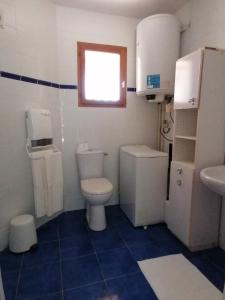 a bathroom with a toilet and a sink and a window at Gîte Les Romarins in Saint-Jean-de-Minervois