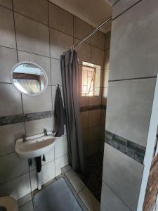 La salle de bains est pourvue d'une douche, d'un lavabo et d'un miroir. dans l'établissement Apartment at Kitchener, à Middelburg