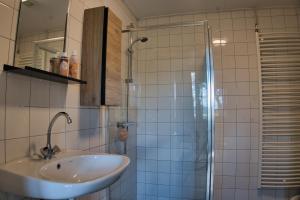 a bathroom with a sink and a shower at appartement Elperhof 16B in Schoonloo