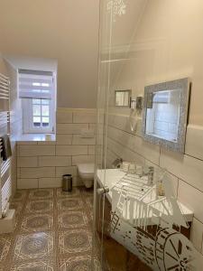 W łazience znajduje się umywalka, toaleta i lustro. w obiekcie Ferienhaus Ostrauer Hof w mieście Bad Schandau