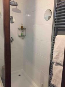 W łazience znajduje się prysznic ze szklanymi drzwiami. w obiekcie Top Floor at Cantref House w mieście Brecon