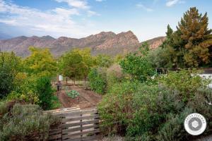 a garden with a fence and mountains in the background at Wijnberg Cottage in Montagu