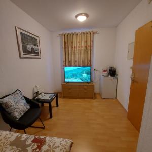 uma sala de estar com uma televisão de ecrã plano e um sofá em Selb Ferienwohnungen em Selb