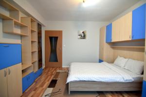 een slaapkamer met blauwe kasten en een bed bij Apartment superb intr-o locatie premium in Timişoara