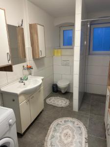 a bathroom with a sink and a toilet at Ferienwohnung Niederthalheim 