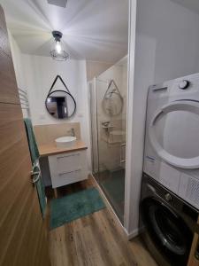 a bathroom with a washing machine and a washer at la villageoise in Leignes-sur-Fontaine