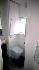 a white bathroom with a toilet and a window at Studio 2 in Newquay