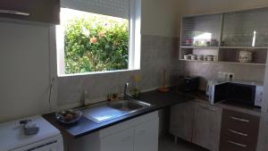 uma cozinha com um lavatório e uma janela em Charmant petit T2 dans maison em Vieux Bourg