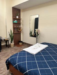 a room with a blue bed with a mirror at Iranyai Homestay in Imphal