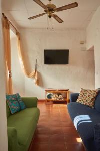 a living room with two green couches and a flat screen tv at Casa rural La Rosa de Llerena in Llerena