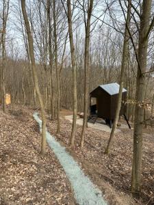 un refugio de madera en medio de un bosque en Posed na stráni en Kníničky