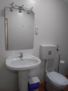 bagno con lavandino, servizi igienici e specchio di Casas da Saibreira - nº2 a Elvas