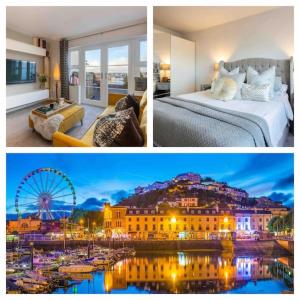 a collage of three pictures of a hotel room at Pittman Apartment A Luxury Sea View Apartment in Torquay