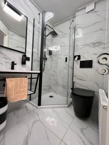 ein Bad mit einer Dusche und einem WC in der Unterkunft Stadthotel Das Villach in Villach