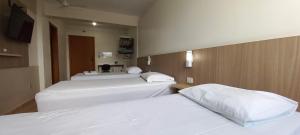 una camera d'albergo con tre letti e una televisione di Hotel Romanville a Chapecó