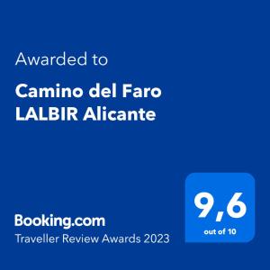 Sertifikāts, apbalvojums, norāde vai cits dokuments, kas ir izstādīts apskatei naktsmītnē Camino del Faro LALBIR Alicante