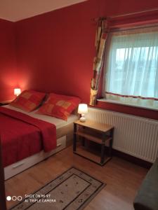 una camera con letto, tavolo e finestra di Relax apartman a Cserszegtomaj