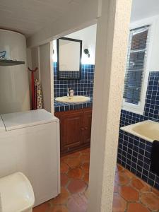 La salle de bains est pourvue d'un lavabo et d'un miroir. dans l'établissement Maison de vacances à la campagne, à Boisset