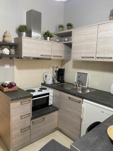 a small kitchen with a stove and a sink at on the square studio in Kalamata