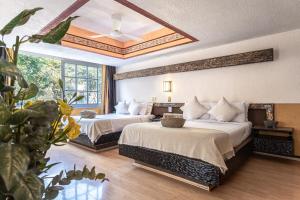 pokój hotelowy z 2 łóżkami i dużym oknem w obiekcie Soy Local CDMX w mieście Meksyk
