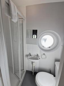 La salle de bains est pourvue de toilettes, d'un lavabo et d'un miroir. dans l'établissement Moneylands Farm Self-Catering Apartments, à Arklow