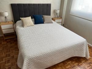 ein Schlafzimmer mit einem großen weißen Bett mit blauen Kissen in der Unterkunft Espectacular y moderno Departamento en la City porteña in Buenos Aires