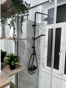 El baño incluye ducha con cabezal negro. en FOUR Bedroom Apartment, Old Town Bucharest, en Bucarest
