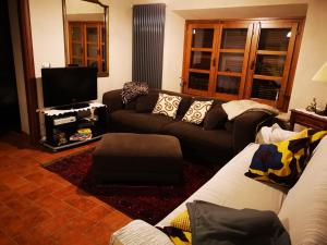 a living room with a couch and a tv at Casa del'Orto in Bigliolo