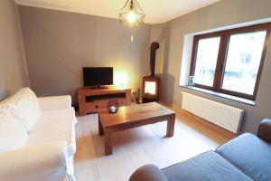 ein Wohnzimmer mit einem Sofa und einem TV in der Unterkunft Nid'Ardennes in Bouillon