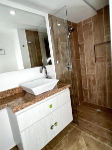ein Bad mit einem Waschbecken und einer Dusche in der Unterkunft Apartamento hermoso en el mejor barrio Medellín in Medellín