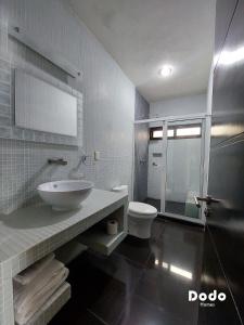 a bathroom with a sink and a toilet at Dodo Plaza Machado in Mazatlán