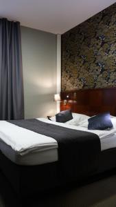 pokój hotelowy z 2 łóżkami i niebieskimi poduszkami w obiekcie Pension Falconi w mieście Kolín