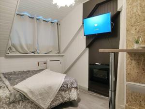 1 dormitorio con 1 cama y TV en la pared en Sur les toits, studio centre-ville, WIFI Netflix, en Montbéliard
