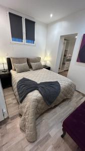 un grande letto in una camera da letto con due finestre di Bel appartement au cœur de paris a Parigi