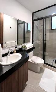 bagno con lavandino, servizi igienici e specchio di Departamento nuevo en el corazón de la Condesa a Città del Messico