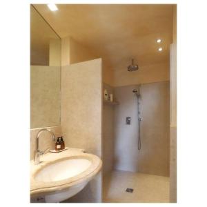 a bathroom with a sink and a shower at Appartamento La Mimosa in Monti di Licciana Nardi