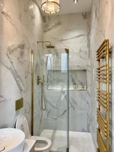ein Bad mit einer Dusche und einem WC in der Unterkunft Fayhomes West Midlands Luxury Late 1800 Property in Walsall