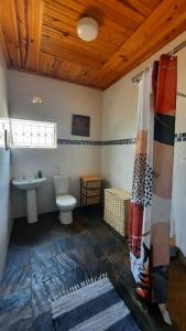 Artist Villa in a Beautiful Yard في Chilanga: حمام مع مرحاض ومغسلة