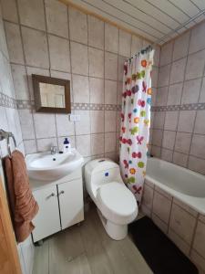 a bathroom with a toilet and a sink and a shower curtain at Cabañas Isabella in Chonchi