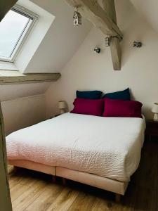 コンピエーニュにあるGite la Bancloqueのベッドルーム1室(赤と青の枕が備わるベッド1台付)